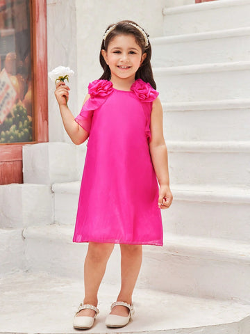 Young Girls' Solid Color Simple Daily Dress With Lace Decoration