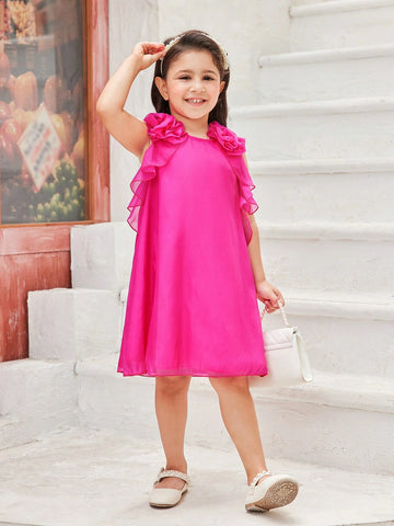 Young Girls' Solid Color Simple Daily Dress With Lace Decoration