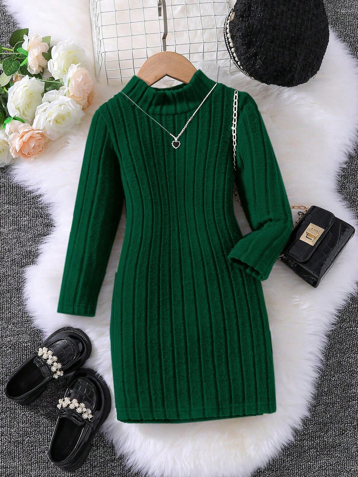Young Girl's Solid Color Stand Collar Long Sleeve Rib Knit Casual Dress, Autumn Spring