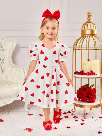 Young Girls' Sporty Sweetheart Pattern Knitted White V-Neck Long Sleeve Dress,Heart Dress,Spring,Summer