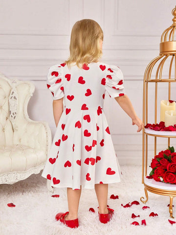 Young Girls' Sporty Sweetheart Pattern Knitted White V-Neck Long Sleeve Dress,Heart Dress,Spring,Summer