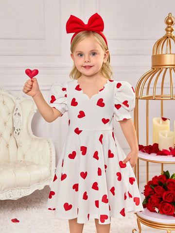 Young Girls' Sporty Sweetheart Pattern Knitted White V-Neck Long Sleeve Dress,Heart Dress,Spring,Summer