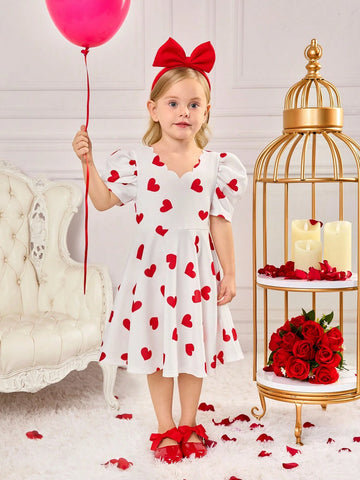 Young Girls' Sporty Sweetheart Pattern Knitted White V-Neck Long Sleeve Dress,Heart Dress,Spring,Summer