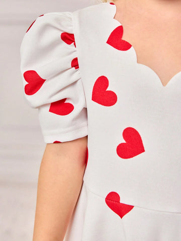 Young Girls' Sporty Sweetheart Pattern Knitted White V-Neck Long Sleeve Dress,Heart Dress,Spring,Summer