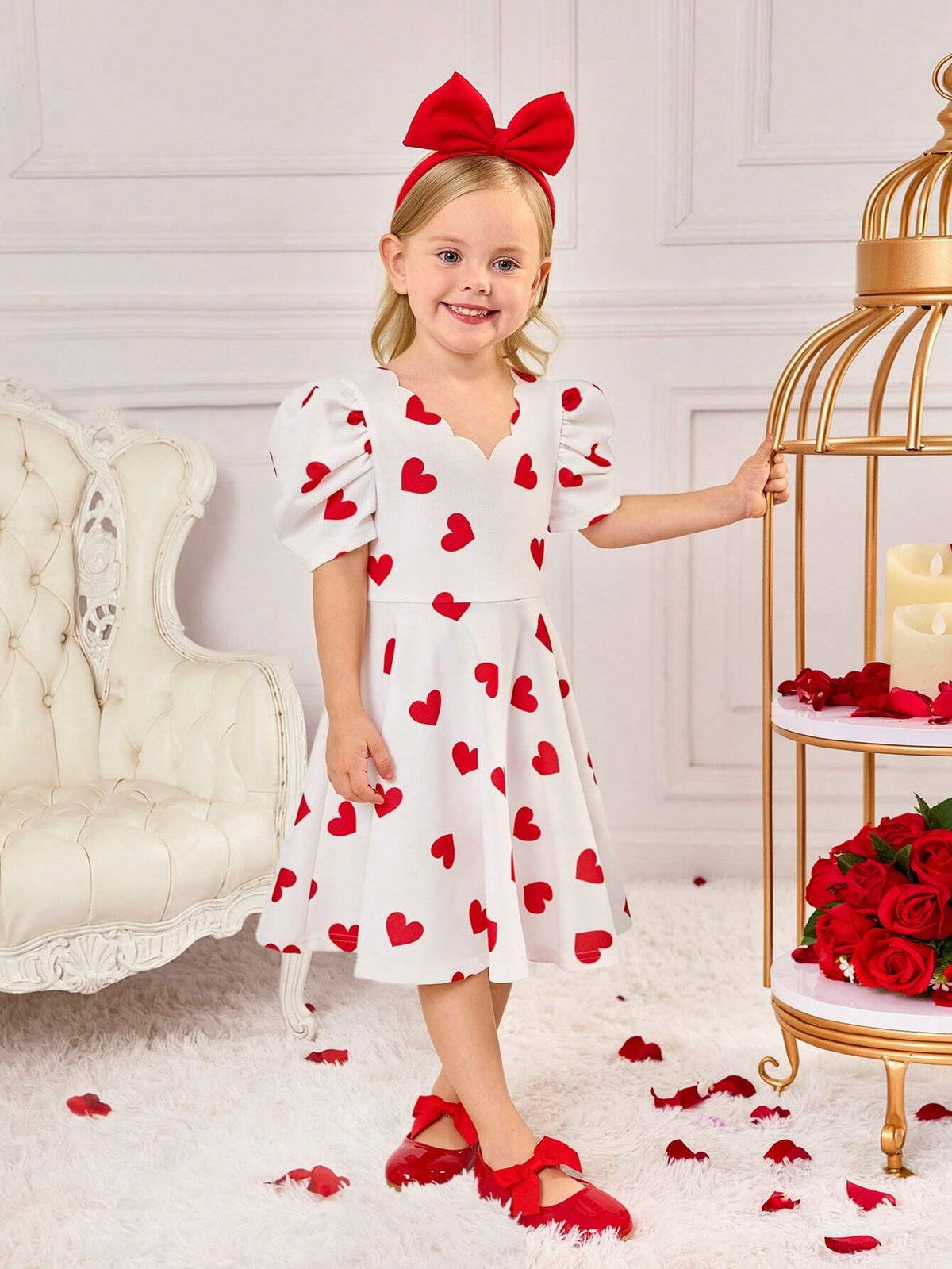 Young Girls' Sporty Sweetheart Pattern Knitted White V-Neck Long Sleeve Dress,Heart Dress,Spring,Summer