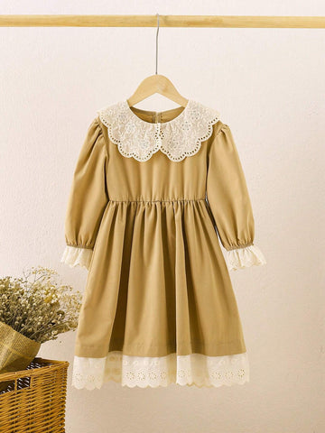 Young Girls' Spring/Summer Casual Color Block Hollow Out Embroidered Peter Pan Collar Puff Sleeve Dress