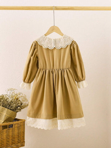 Young Girls' Spring/Summer Casual Color Block Hollow Out Embroidered Peter Pan Collar Puff Sleeve Dress