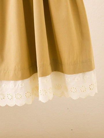 Young Girls' Spring/Summer Casual Color Block Hollow Out Embroidered Peter Pan Collar Puff Sleeve Dress