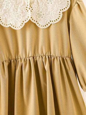 Young Girls' Spring/Summer Casual Color Block Hollow Out Embroidered Peter Pan Collar Puff Sleeve Dress