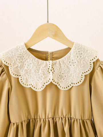 Young Girls' Spring/Summer Casual Color Block Hollow Out Embroidered Peter Pan Collar Puff Sleeve Dress