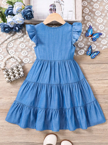 Young Girl's Spring/Summer Ramandan Style Casual V-Neck Denim Effect Print Ruff Hem Cap Sleeve Loose A-Line Midi Dress