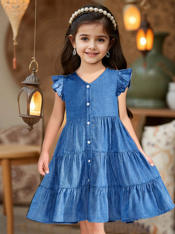 Young Girl's Spring/Summer Ramandan Style Casual V-Neck Denim Effect Print Ruff Hem Cap Sleeve Loose A-Line Midi Dress