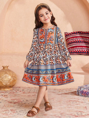 oung Girl's Spring/Summer Ramandan Style Matching Family Vacation , Boho, Holidays,National Floral Print Lantern Sleeve Smock Dress