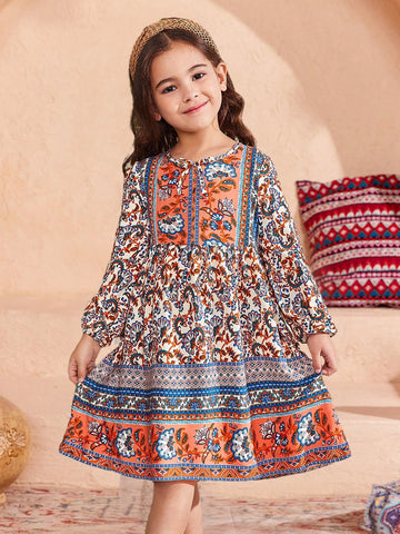 oung Girl's Spring/Summer Ramandan Style Matching Family Vacation , Boho, Holidays,National Floral Print Lantern Sleeve Smock Dress