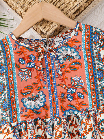 oung Girl's Spring/Summer Ramandan Style Matching Family Vacation , Boho, Holidays,National Floral Print Lantern Sleeve Smock Dress