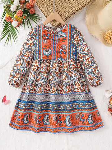 oung Girl's Spring/Summer Ramandan Style Matching Family Vacation , Boho, Holidays,National Floral Print Lantern Sleeve Smock Dress
