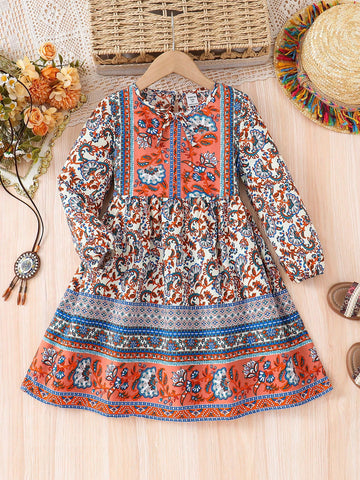 oung Girl's Spring/Summer Ramandan Style Matching Family Vacation , Boho, Holidays,National Floral Print Lantern Sleeve Smock Dress