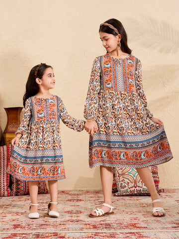 oung Girl's Spring/Summer Ramandan Style Matching Family Vacation , Boho, Holidays,National Floral Print Lantern Sleeve Smock Dress