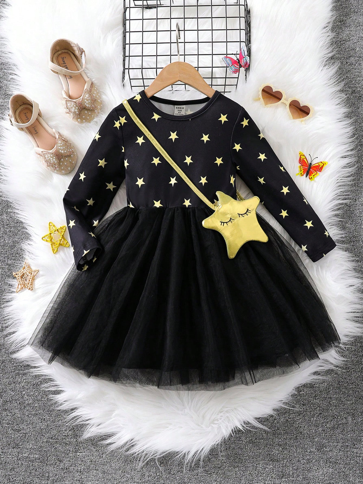 Young Girls Star Print Mesh Contrast Dress, Round Neck Design, Comfortable And Fashionable, Suitable For Daily Wear Or Special Occasions In Autumn/Winter
