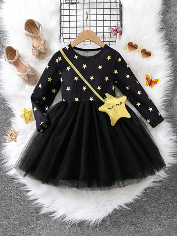 Young Girls Star Print Mesh Contrast Dress, Round Neck Design, Comfortable And Fashionable, Suitable For Daily Wear Or Special Occasions In Autumn/Winter