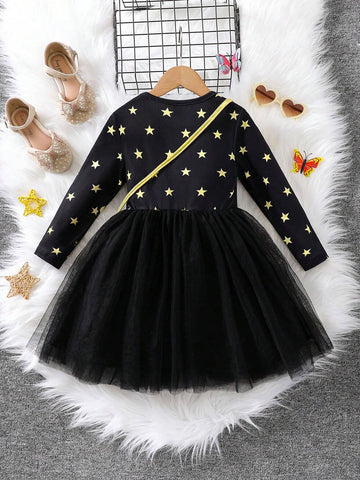 Young Girls Star Print Mesh Contrast Dress, Round Neck Design, Comfortable And Fashionable, Suitable For Daily Wear Or Special Occasions In Autumn/Winter