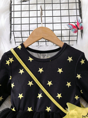 Young Girls Star Print Mesh Contrast Dress, Round Neck Design, Comfortable And Fashionable, Suitable For Daily Wear Or Special Occasions In Autumn/Winter