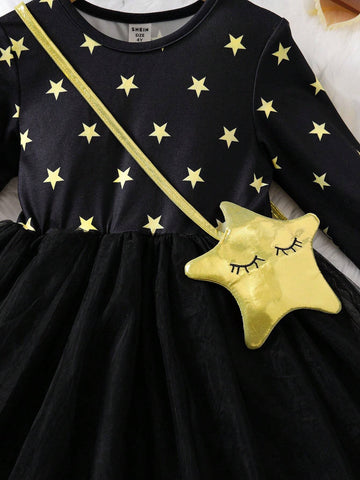 Young Girls Star Print Mesh Contrast Dress, Round Neck Design, Comfortable And Fashionable, Suitable For Daily Wear Or Special Occasions In Autumn/Winter