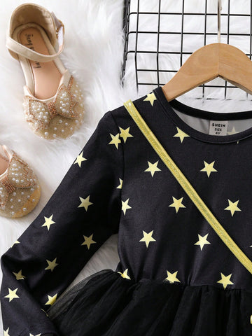 Young Girls Star Print Mesh Contrast Dress, Round Neck Design, Comfortable And Fashionable, Suitable For Daily Wear Or Special Occasions In Autumn/Winter