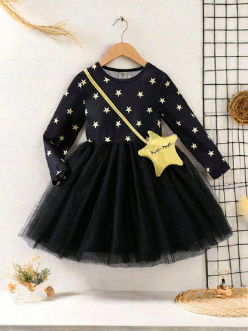 Young Girls Star Print Mesh Contrast Dress, Round Neck Design, Comfortable And Fashionable, Suitable For Daily Wear Or Special Occasions In Autumn/Winter