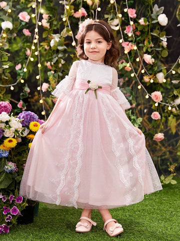Young Girls' Summer Lace Patchwork Dress With 3d Flower Decoration At Waist