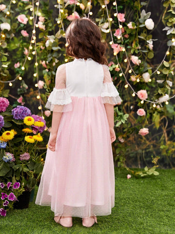 Young Girls' Summer Lace Patchwork Dress With 3d Flower Decoration At Waist