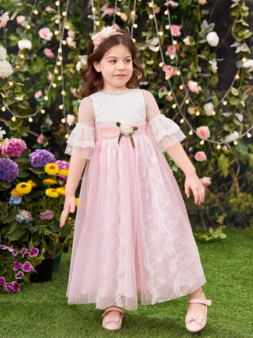 Young Girls' Summer Lace Patchwork Dress With 3d Flower Decoration At Waist