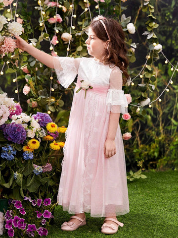 Young Girls' Summer Lace Patchwork Dress With 3d Flower Decoration At Waist