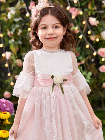 Young Girls' Summer Lace Patchwork Dress With 3d Flower Decoration At Waist