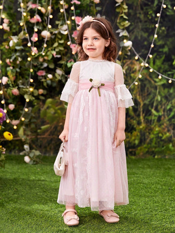 Young Girls' Summer Lace Patchwork Dress With 3d Flower Decoration At Waist