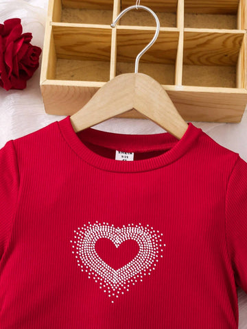 Young Girl's Summer Rhinestone Heart Print Crew Neck Ruched Casual Dress
