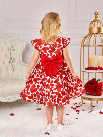 Young Girl's Summer Valentine's Day Heart Pattern Ruffled Sleeve Dress