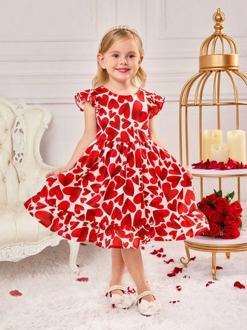 Young Girl's Summer Valentine's Day Heart Pattern Ruffled Sleeve Dress