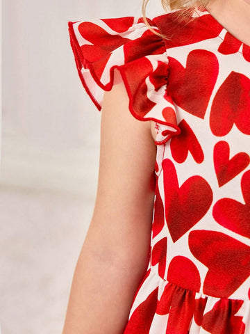 Young Girl's Summer Valentine's Day Heart Pattern Ruffled Sleeve Dress
