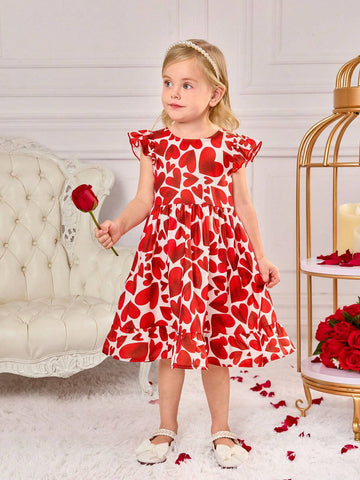 Young Girl's Summer Valentine's Day Heart Pattern Ruffled Sleeve Dress