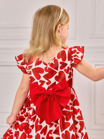 Young Girl's Summer Valentine's Day Heart Pattern Ruffled Sleeve Dress