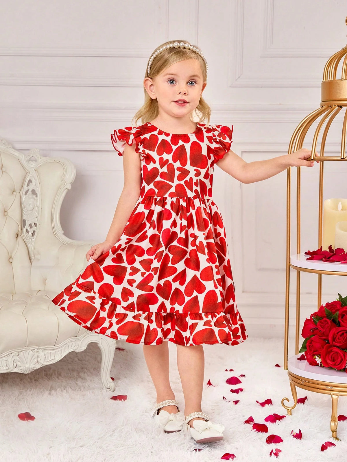 Young Girl's Summer Valentine's Day Heart Pattern Ruffled Sleeve Dress