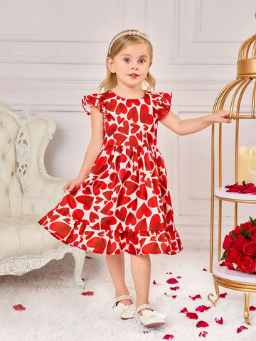 Young Girl's Summer Valentine's Day Heart Pattern Ruffled Sleeve Dress