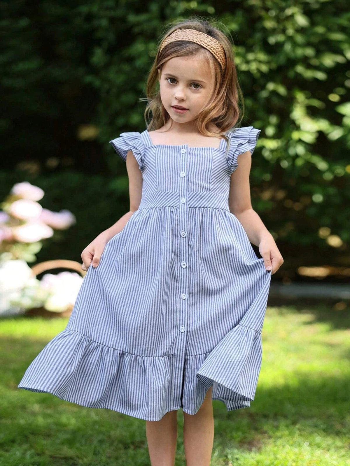 Young Girls' Sweet And Cute Square Neck Mini Dress With Short Flutter Sleeves, Real Buttons, Stripe And Shirred Waist For Summer