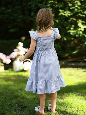 Young Girls' Sweet And Cute Square Neck Mini Dress With Short Flutter Sleeves, Real Buttons, Stripe And Shirred Waist For Summer