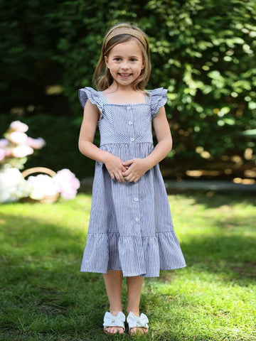 Young Girls' Sweet And Cute Square Neck Mini Dress With Short Flutter Sleeves, Real Buttons, Stripe And Shirred Waist For Summer