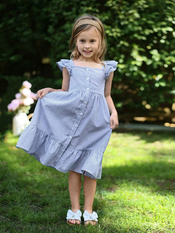 Young Girls' Sweet And Cute Square Neck Mini Dress With Short Flutter Sleeves, Real Buttons, Stripe And Shirred Waist For Summer