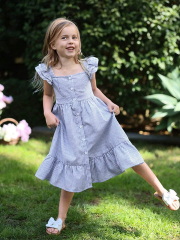 Young Girls' Sweet And Cute Square Neck Mini Dress With Short Flutter Sleeves, Real Buttons, Stripe And Shirred Waist For Summer