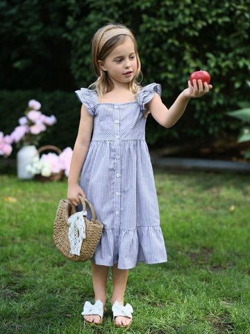 Young Girls' Sweet And Cute Square Neck Mini Dress With Short Flutter Sleeves, Real Buttons, Stripe And Shirred Waist For Summer