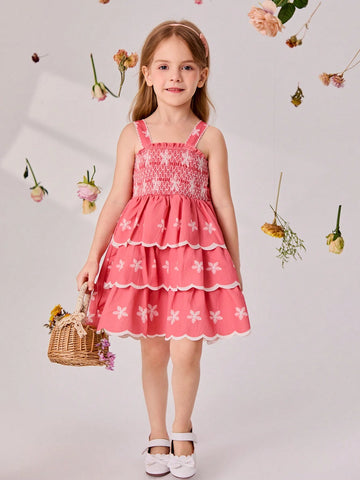 Young Girls' Sweet Floral Printed Ruffle Hem Spaghetti Strap Dress, Summer